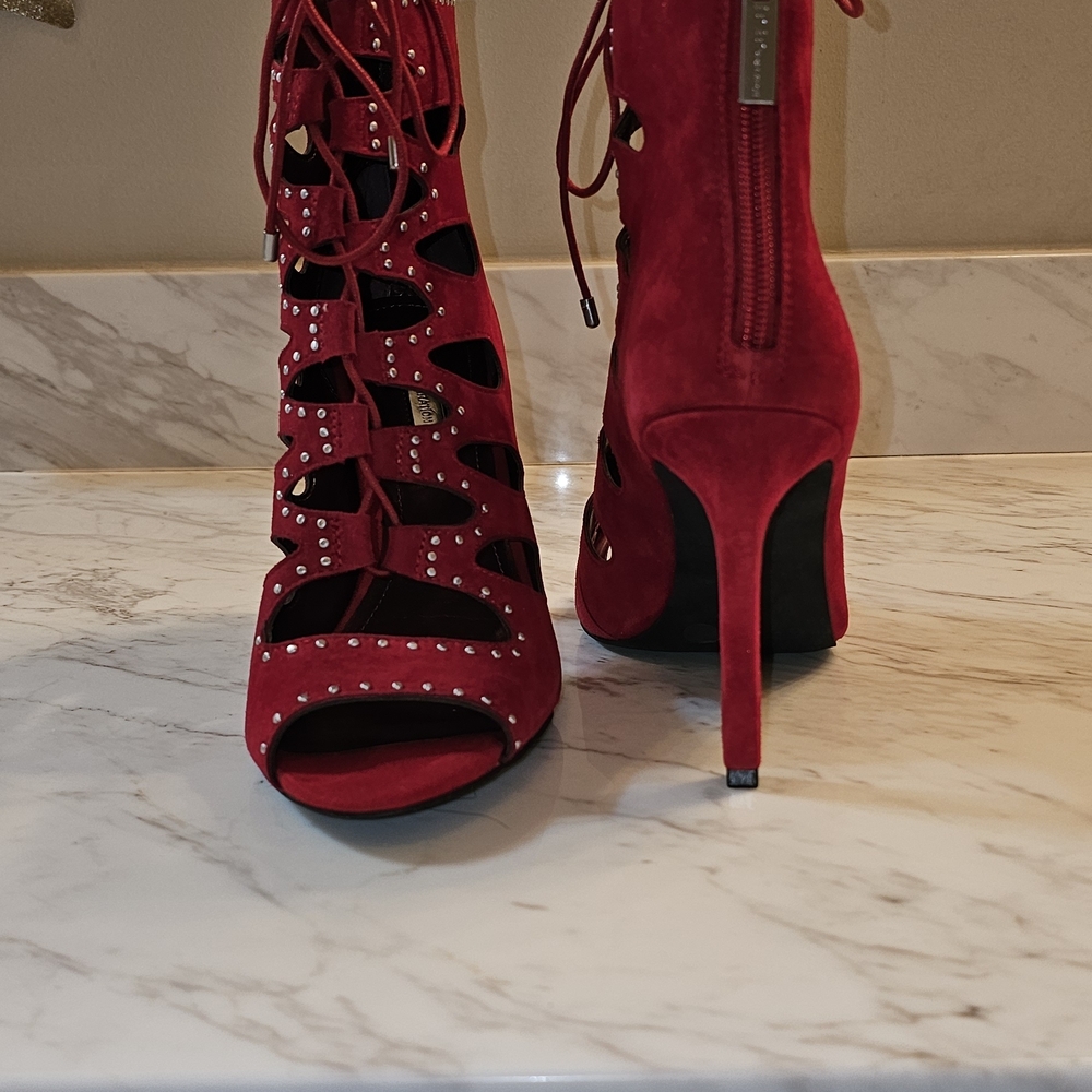 BCBGeneration Red Suede Lace-Up Cutout Stud Stiletto Heels